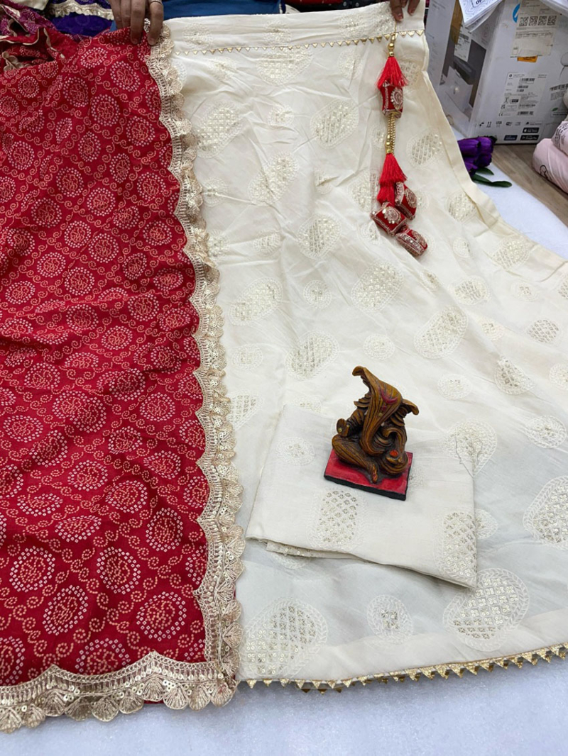 Elegant Cambric Cotton Lucknowi Embroidered Lehanga Suit