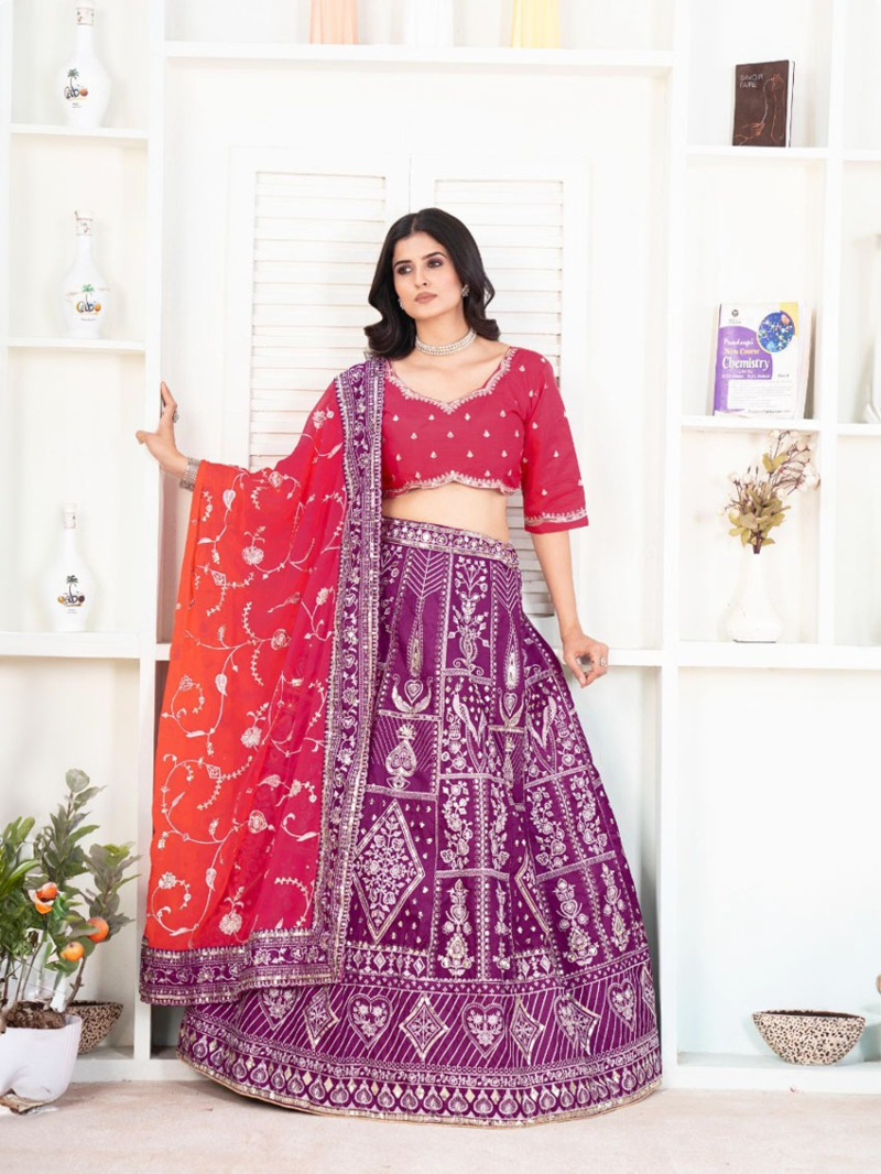 Regal Purple and Pink Embroidered Jalpari Silk Lehanga Set