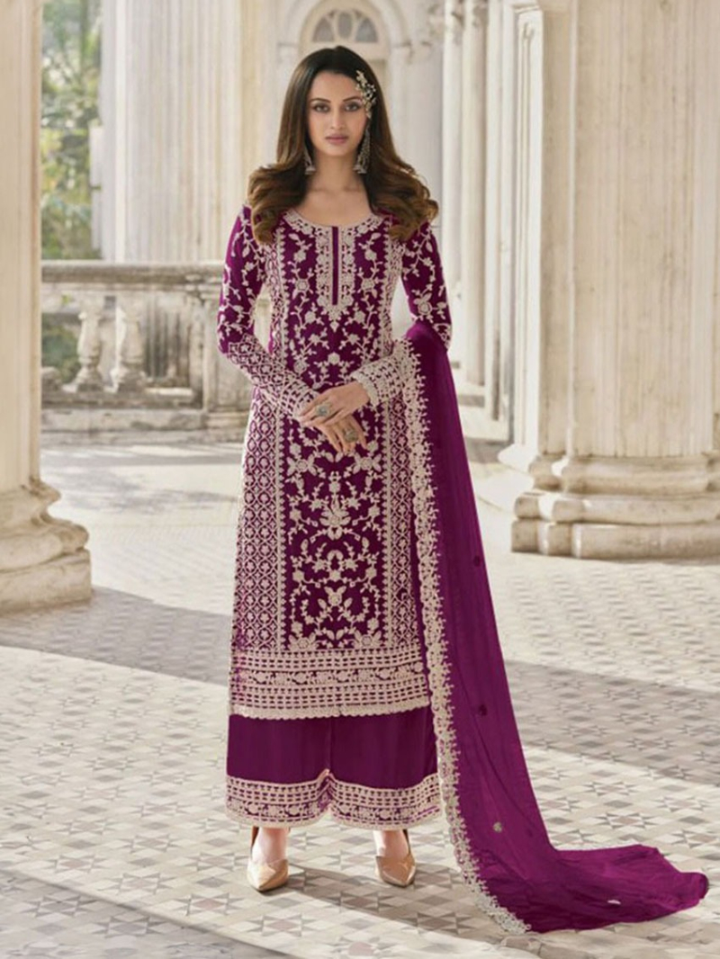 Authentic Traditional Festive Wine Georgette Straight Suit  