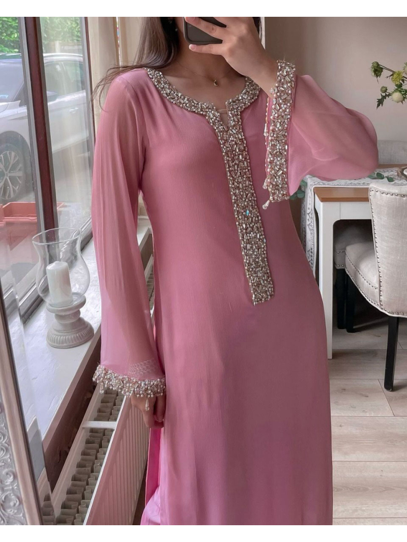 Authentic Ethnic Festive Pastel Pink Faux Georgette Straight Suit