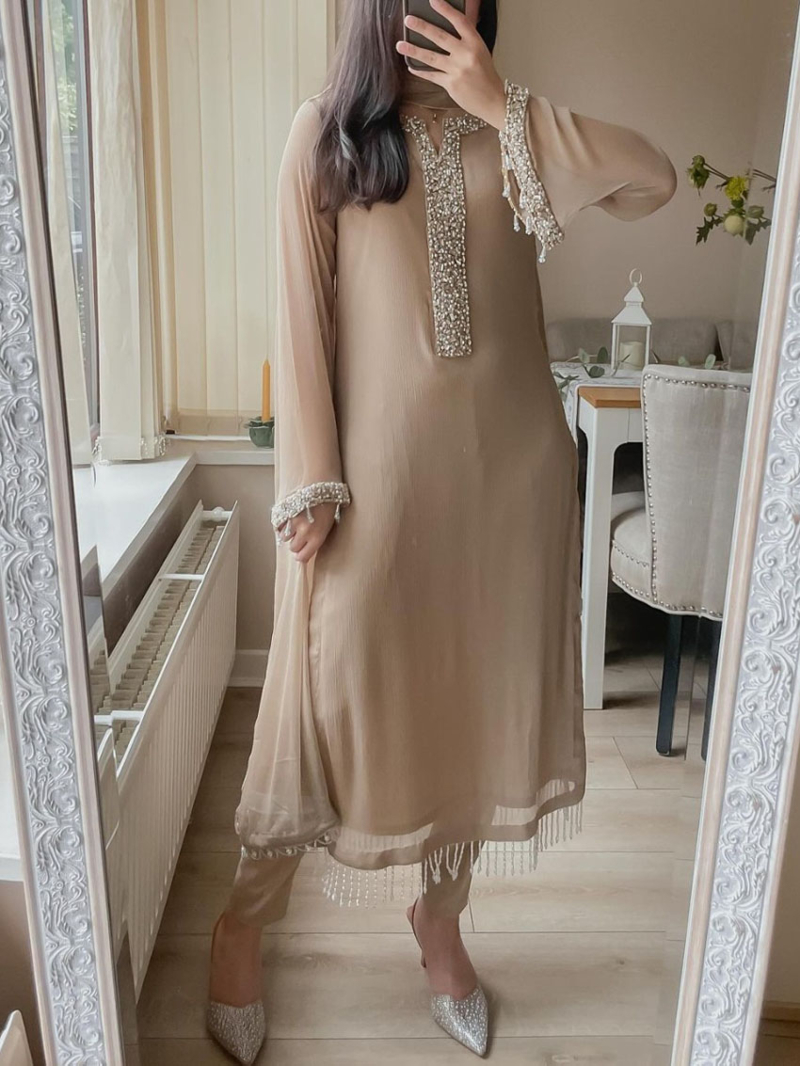 Authentic Ethnic Festive Beige Faux Georgette Straight Suit