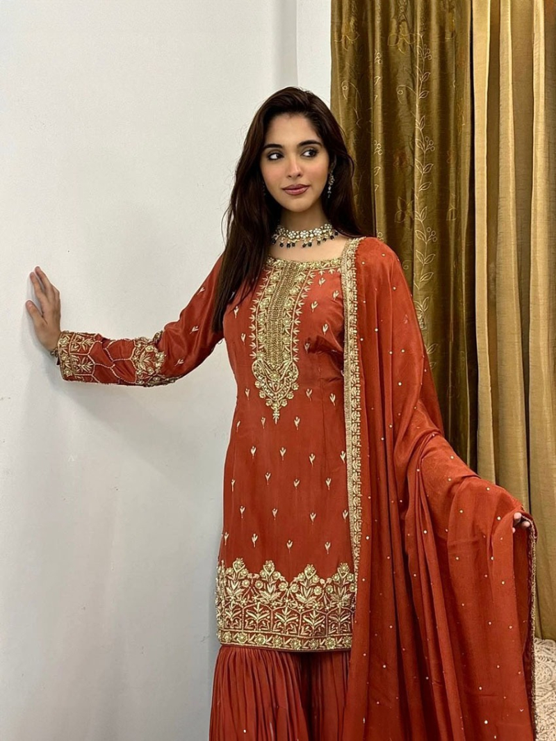 Elegant Ethnic Festive Rust Shimmer Silk Sharara Suit