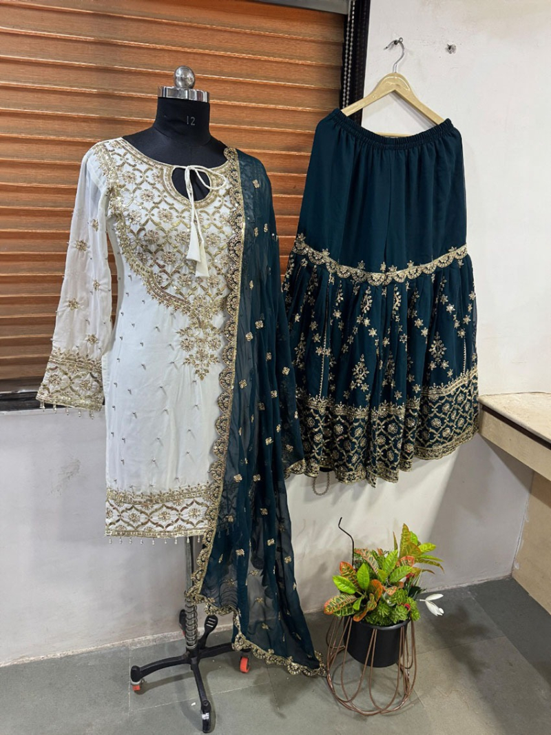 Authentic Traditional Festive Ivory & Deep Teal Sharara Suit