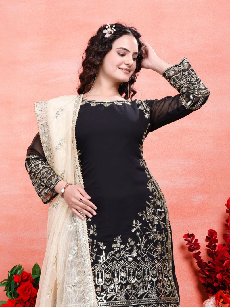 Authentic Elegant Ethnic Black & Gold Georgette Sharara Plazo Suit