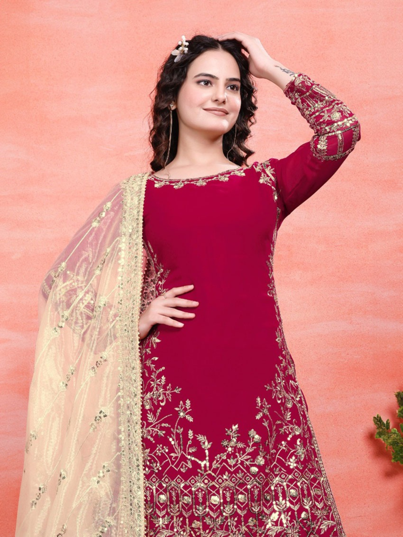 Authentic Elegant Ethnic Maroon Gold Georgette Sharara Plazo Suit