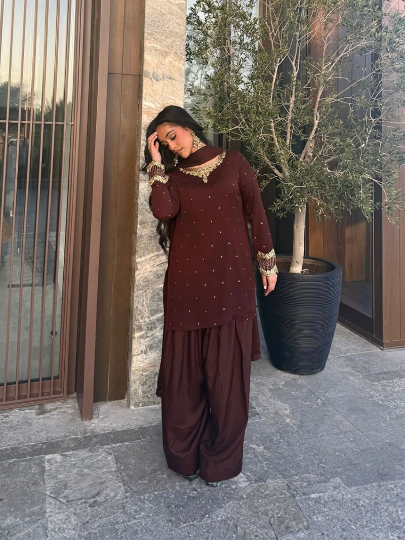 Authentic Ethnic Elegant Mocha Brown Georgette Farshi Suit