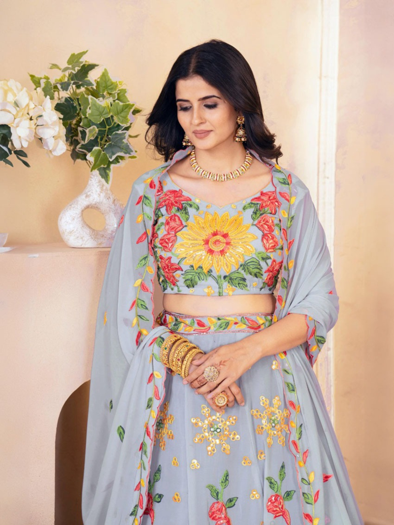 Pastel Blue Floral Embroidered Faux Georgette Lehanga Set