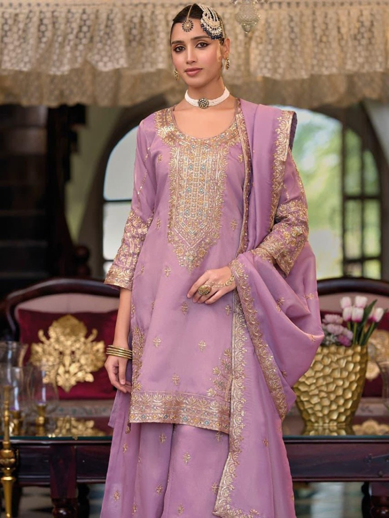 Authentic Elegant Ethnic Lilac Shimmer Plazo Suit