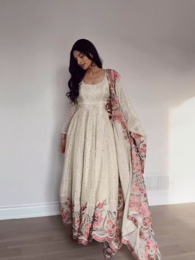 Elegant Ethnic Traditional Off white Chinnon Silk Anarkali Gown Suit