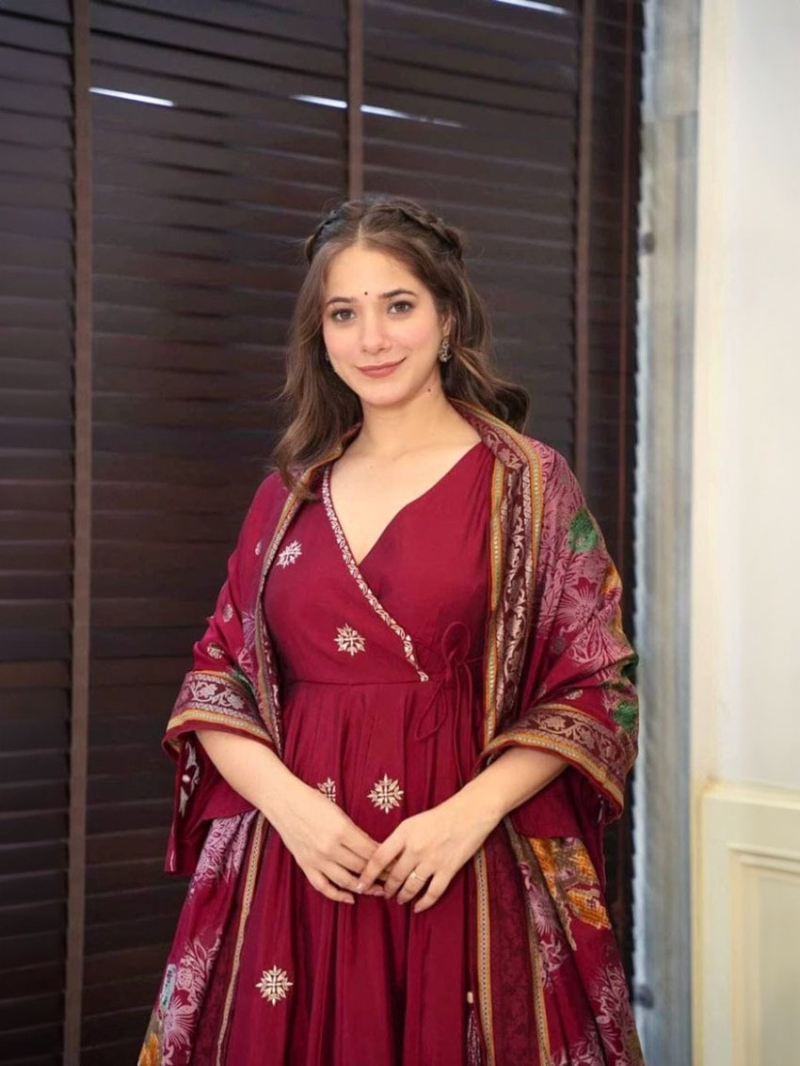 Elegant Ethnic Traditional Maroon Roman Silk Anarkali Suit
