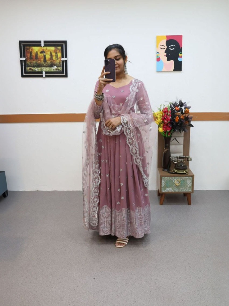 Authentic Elegant Ethnic Dusty Mauve Georgette Anarkali Suit