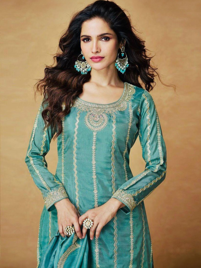 Authentic Traditional Ethnic Sky Blue Chinnon Silk Sharara Suit