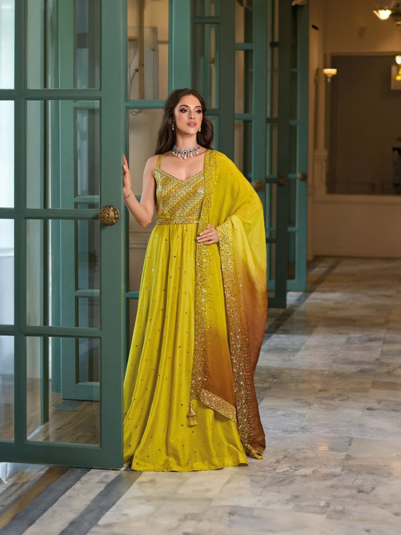 Authentic Ethnic Mustard Yellow Silk Anarkali Gown Set