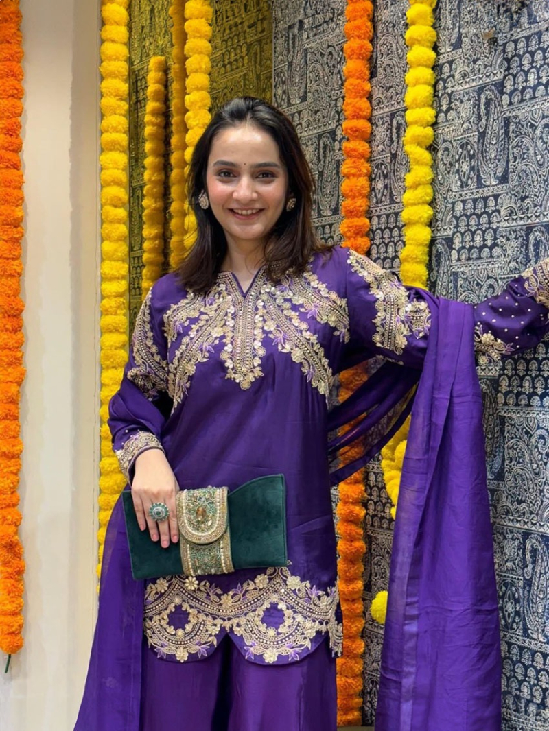 Elegant Ethnic Traditional Royal Purple Chinnon Silk Plazo Suit