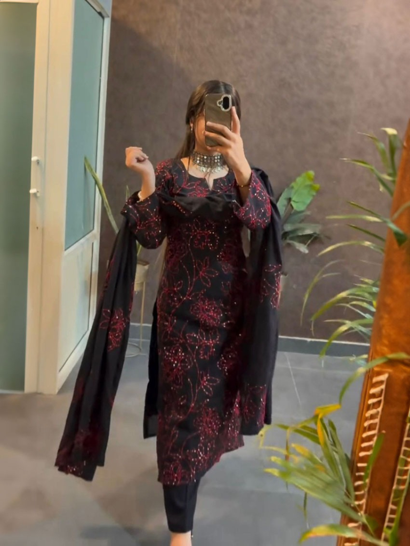 Authentic Elegant Festive Black Roman Silk Straight Suit