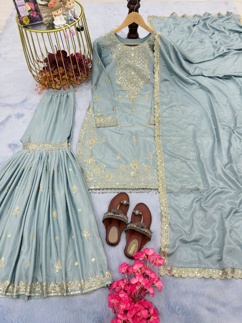 Authentic Festive Dusty Pastel Blue Chinnon Sharara Suit