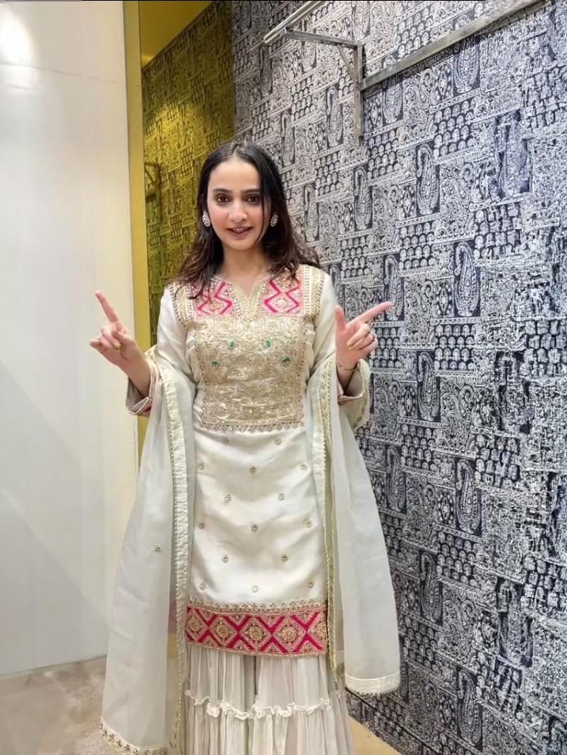 Elegant Ethnic Festive Ivory Gold Vichitra Silk Sharara Suit