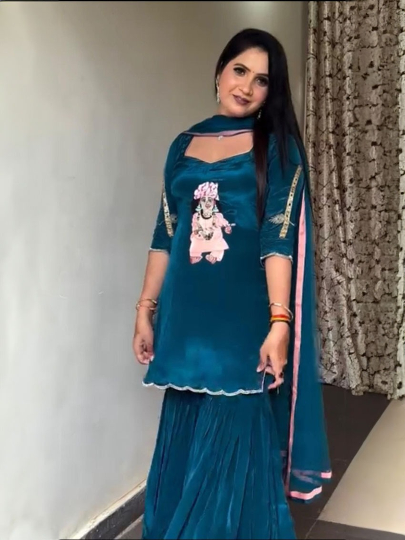 Authentic Ethnic Elegant Rama Crepe Sharara Plazo Suit