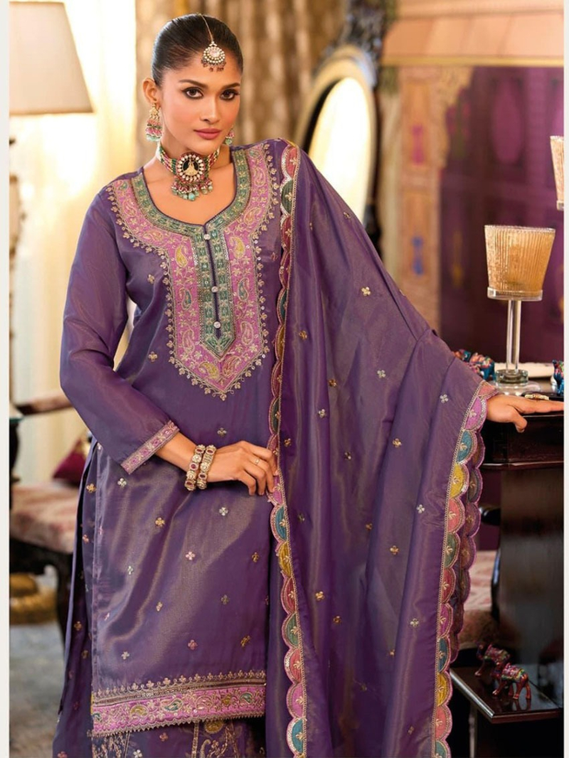 Traditional Festive Ethnic Royal Purple Shimmer Embroidered Plazo Suit