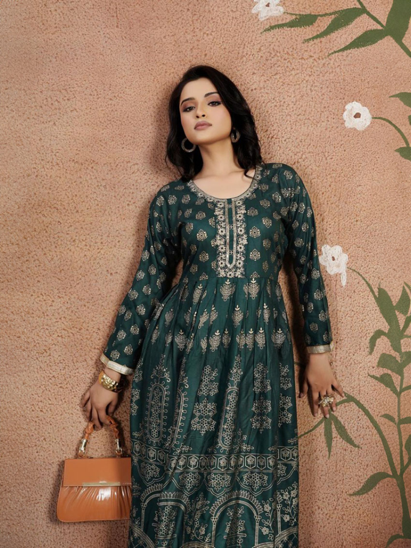 Elegant Festive Traditional Bottle Green Printed Suit