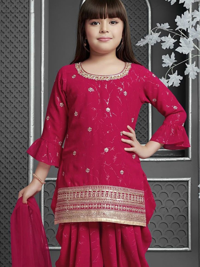 Authentic Ethnic Festive Raspberry Kids Chinnon Silk Patiala Suit