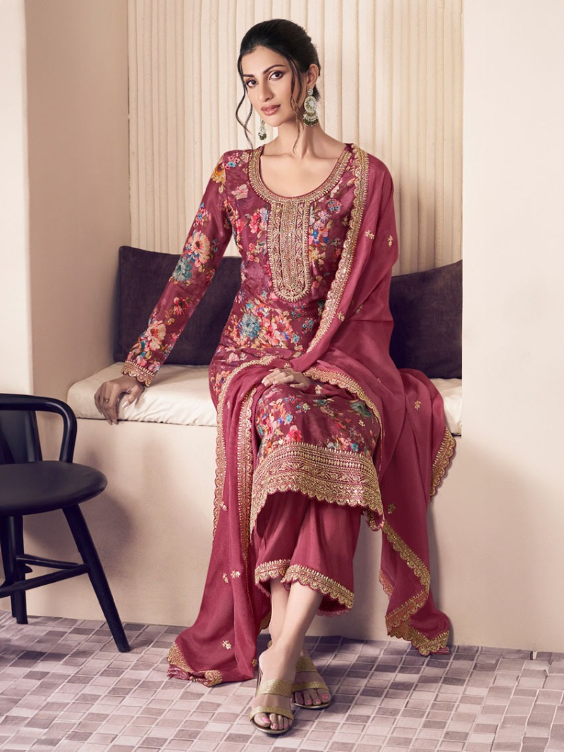 Traditional Elegant Ethnic Rose Wine Chinnon Silk Straight Suit