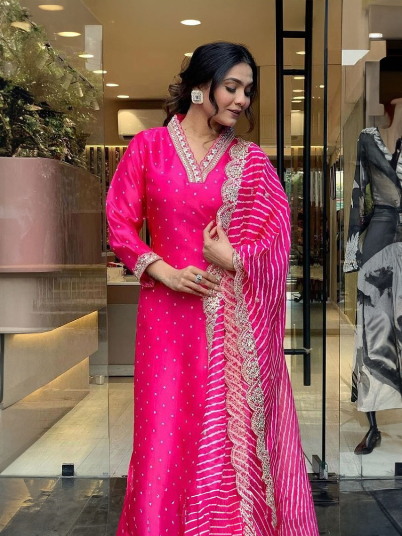 Authentic Ethnic Traditional Rani Pink Chinnon Silk Straight Suit