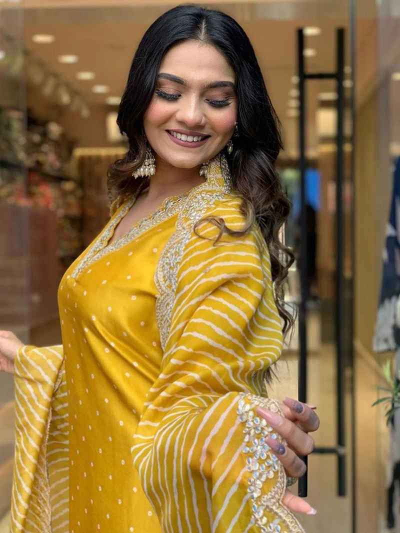 Authentic Ethnic Traditional Mustard Chinnon Silk Straight Suit