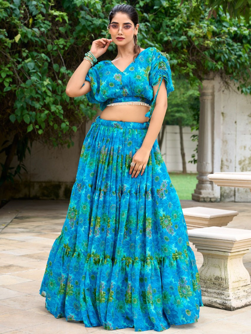 Floral Bloom Chiffon Lehanga Set with Pearl Touch