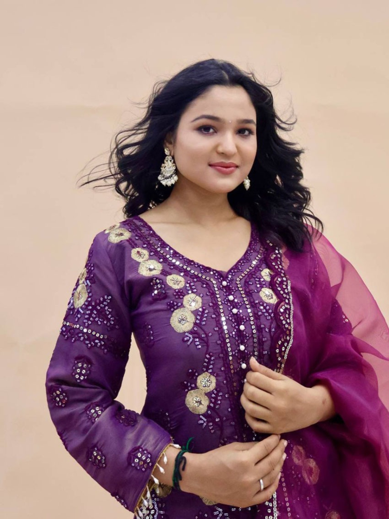 Authentic Ethnic Festive Purple Shimmer Silk Plazo Suit