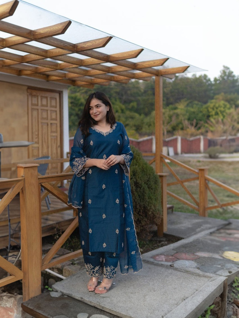Elegant Ethnic Festive Navy Blue Chanderi Silk Straight Suit