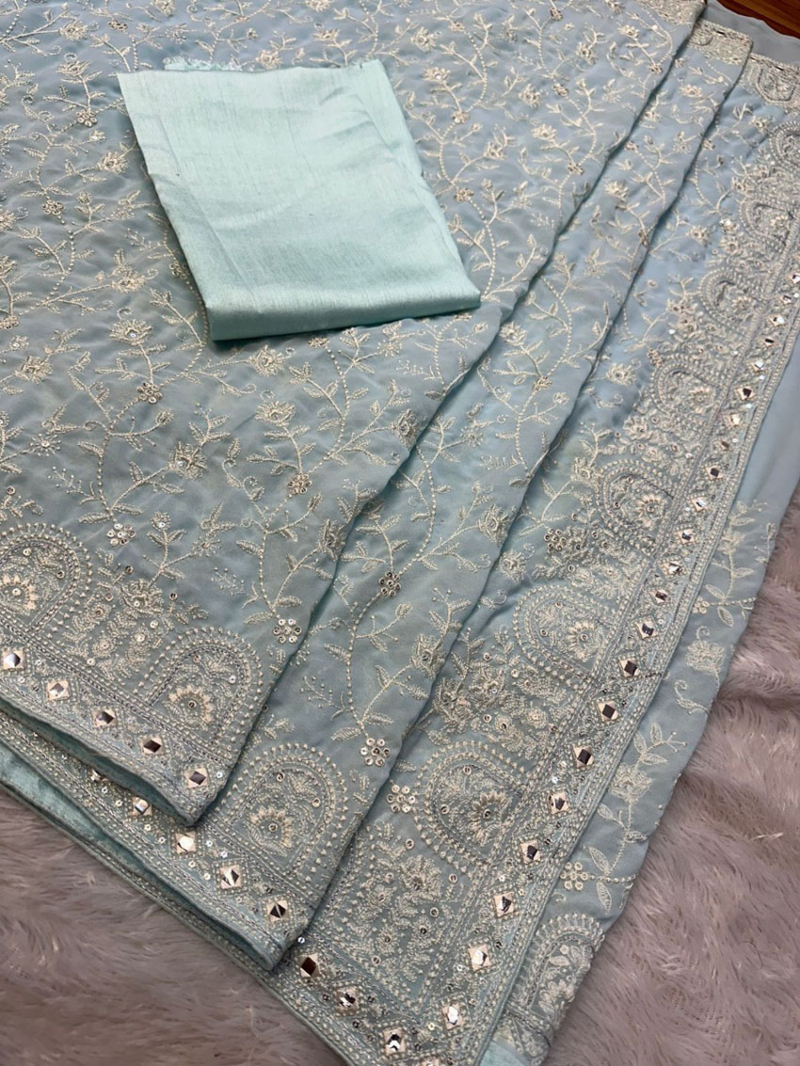 Ethnic Festive Traditional Dusty Pastel Blue Georgette Saree