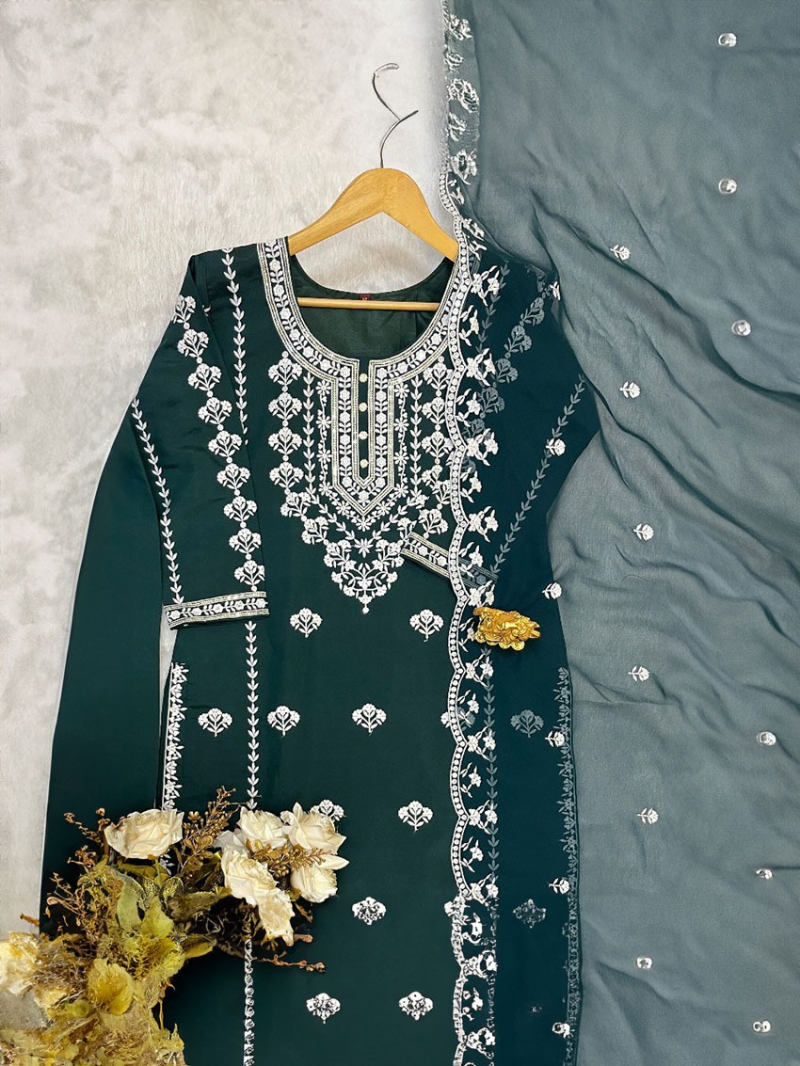 Elegant Ethnic Festive Bottle Green Roman Silk Straight Suit
