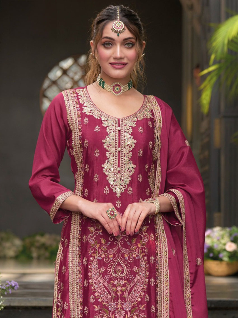 Authentic Traditional Ethnic Deep Magenta Chinnon Plazo Suit