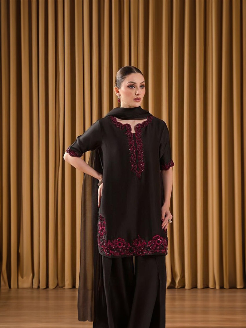 Authentic Elegant Traditional Black Crepe Farshi Plazo Suit