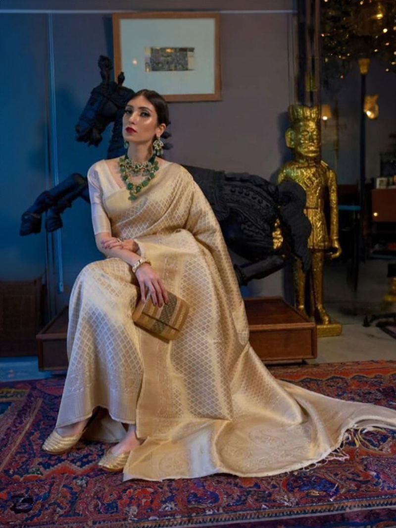 Elegant Golden Soft Lichi Silk Saree with Intricate Zari Weave