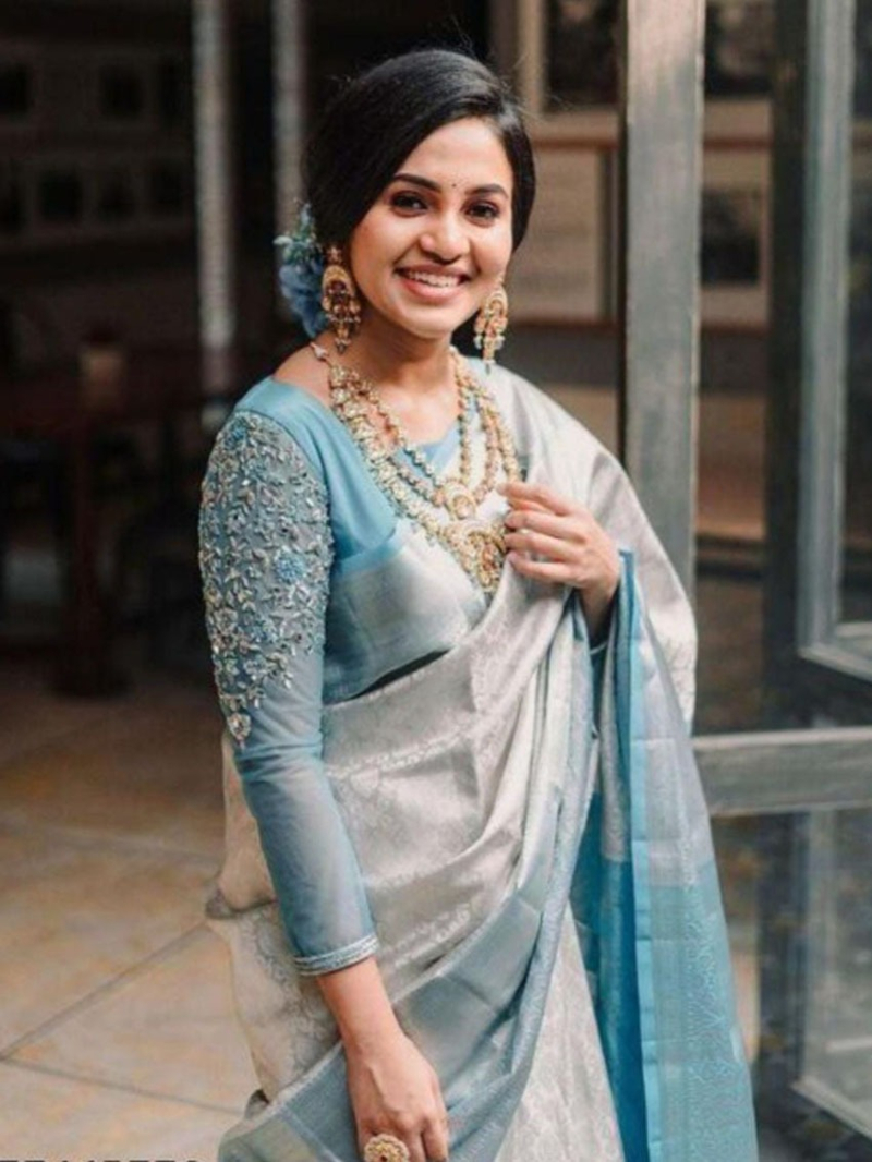 Elegant Silver & Teal Soft Lichi Silk Saree