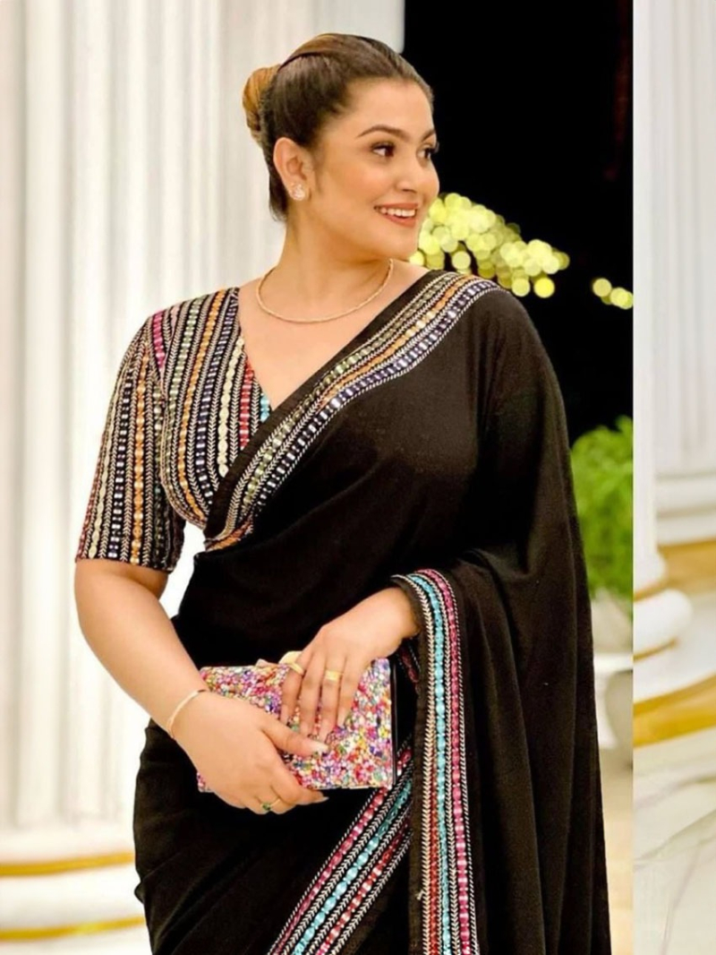 Georgette Embroidery Sequins Saree with Multicolor Lace Border