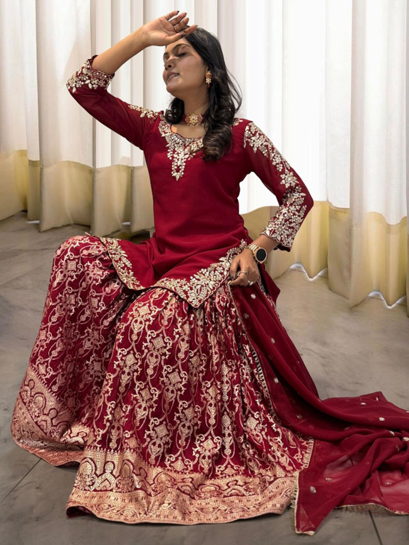 Ethnic Elegant Festive Maroon Georgette Sharara Suit
