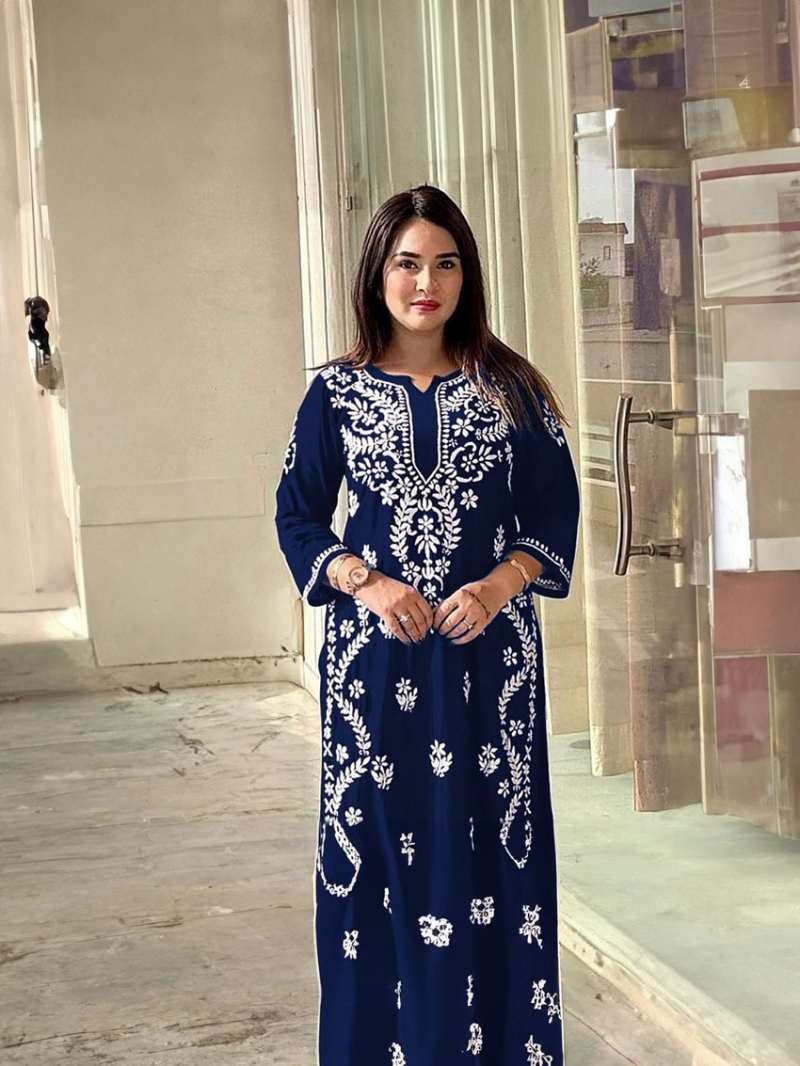Traditional Elegant Festive Navy Blue Rayon Lakhnavi Style Suit