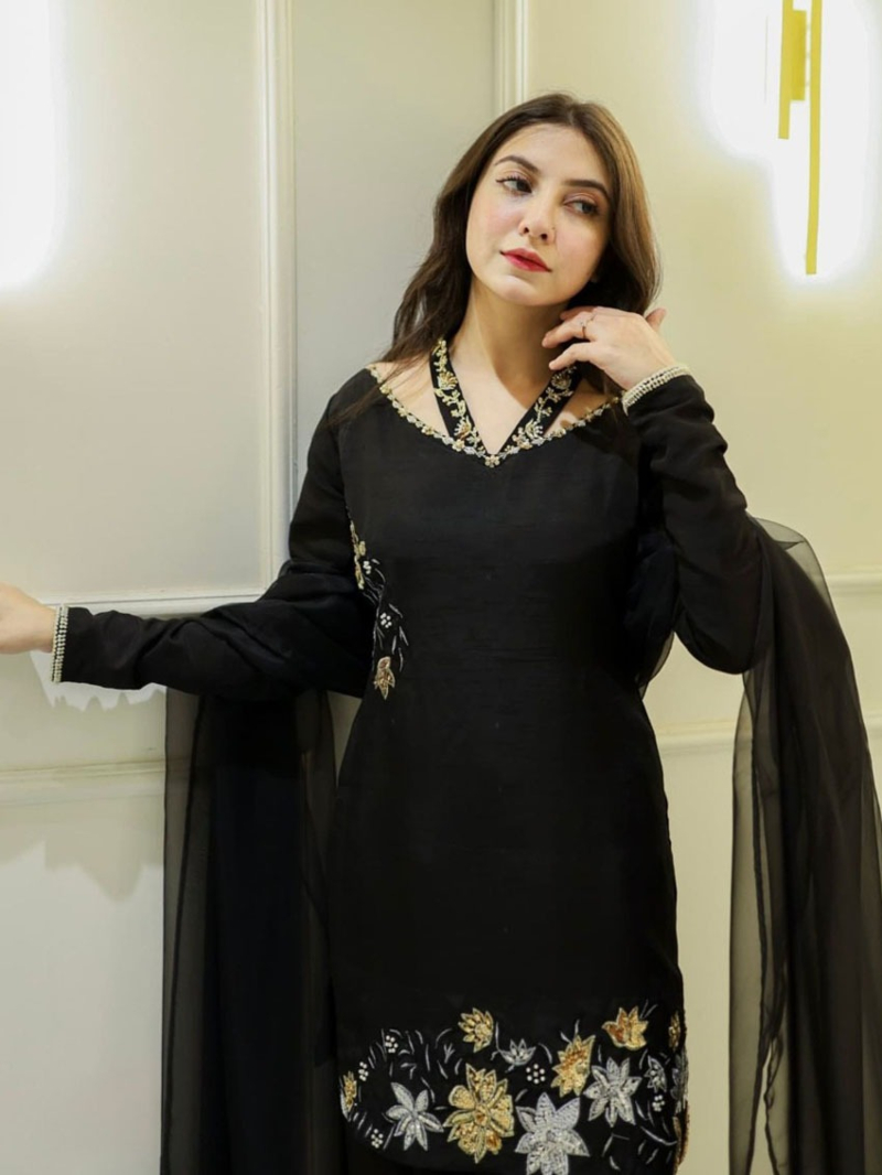 Authentic Traditional Festive Black Crepe Silk Farshi Suit