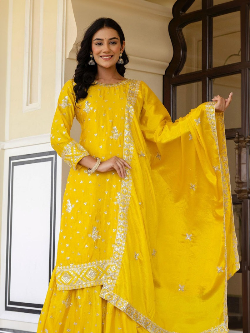 Authentic Ethnic Elegant Yellow Chinnon Sharara Suit