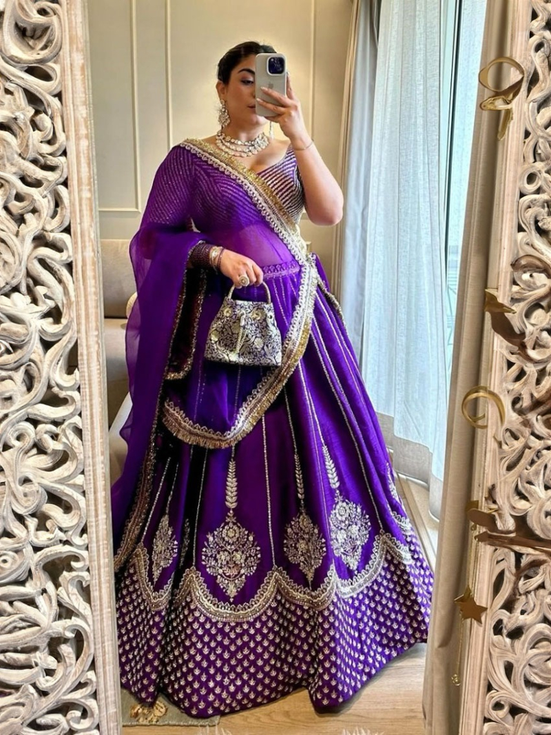 Royal Purple Heavy Chinon Silk Embroidered Designer Lehanga Set