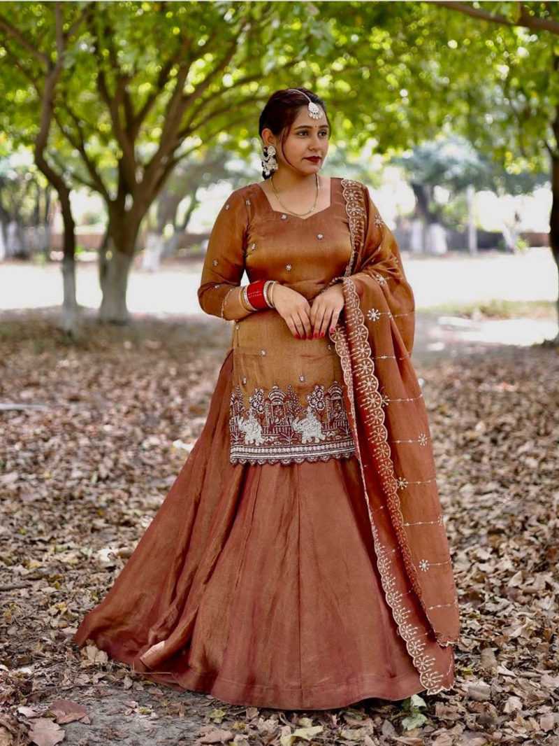 Designer Simmer Silk Hand-Embroidered Lehanga Suit