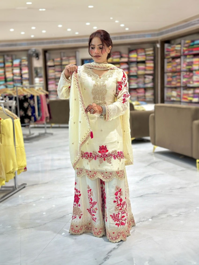 Authentic Traditional Festive Cream Chinnon sharara Suit