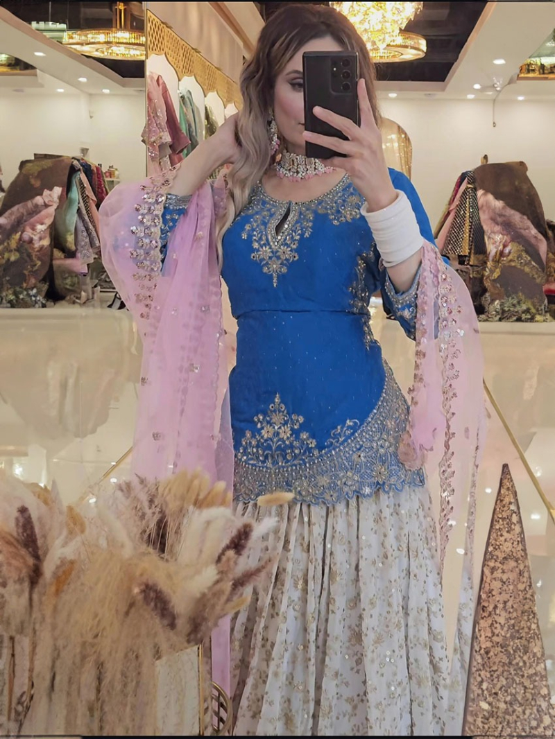 Ethnic Traditional Festive Royal Blue and Ivory Heavy Chinnon Silk Lehanga Set