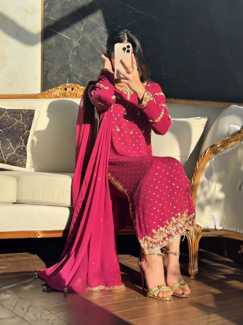 Ethnic Festive Traditional Maroon Georgette Straight Suit 