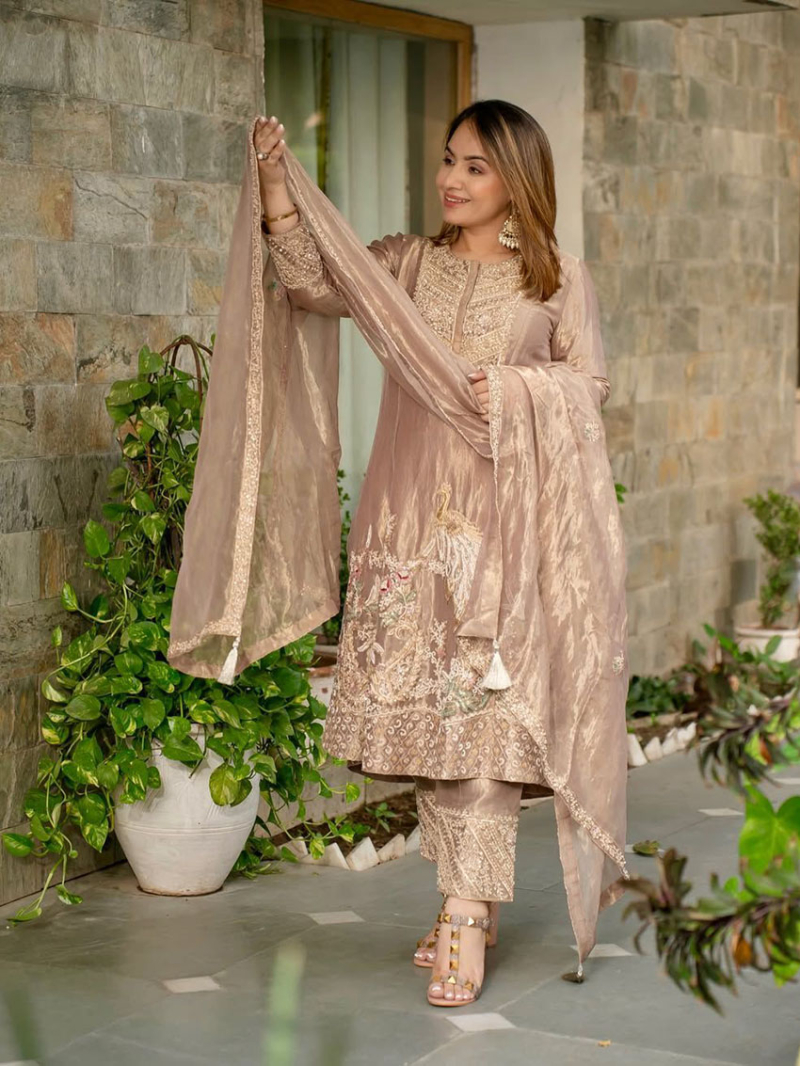 Elegant Ethnic Traditional Taupe Fendi Silk Straight Suit