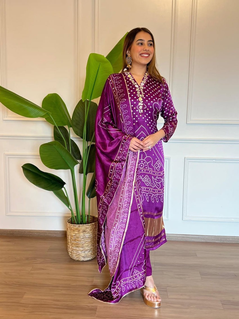 Authentic Ethnic Traditional Purple Chinnon Silk Straight Suit
