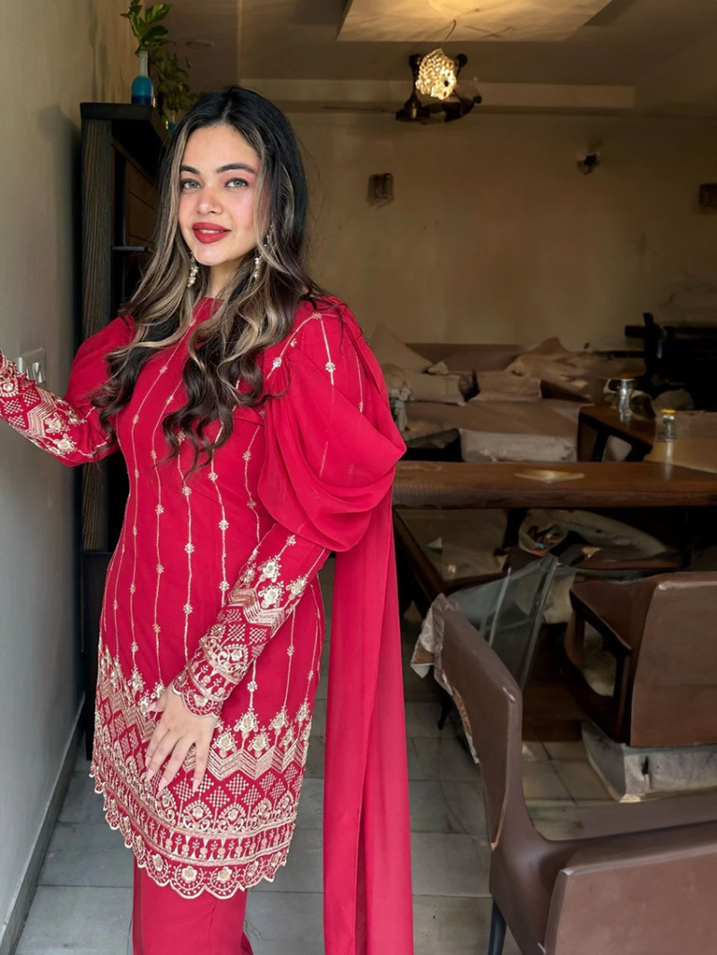Elegant Traditional Festive Red Georgette Plazo Suit